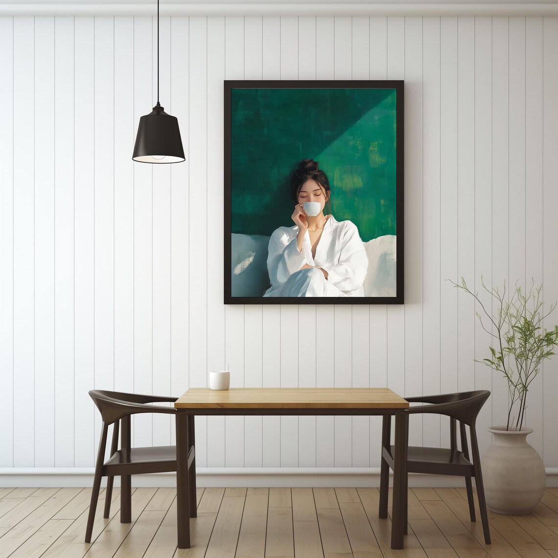 Woman Drinking Coffee In Morning Light Emerald Green Art Poster - Image 3