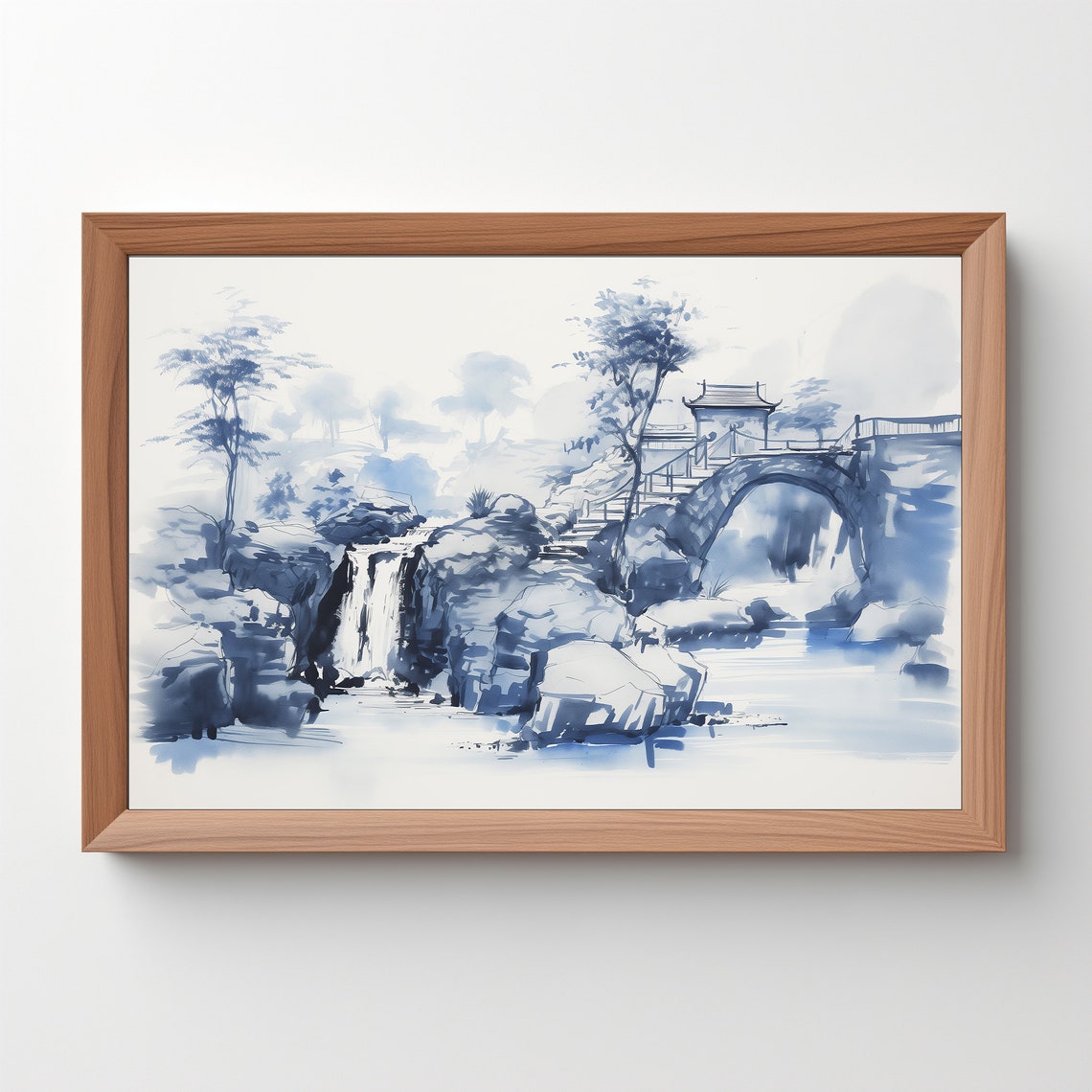 Blue Willow Waterfall Stone Bridge Chinoiserie Ink Wash Wall Poster