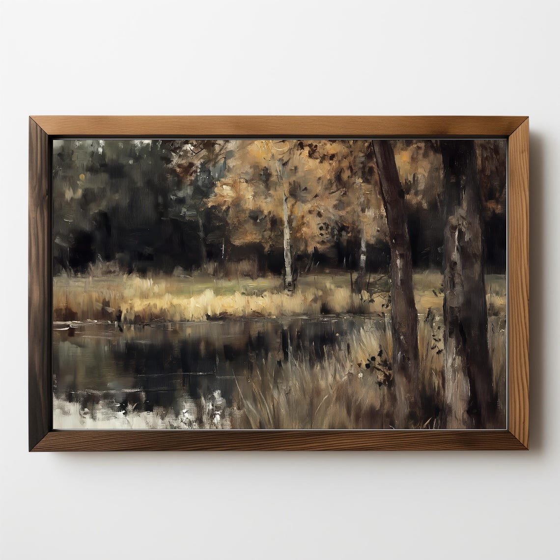 Moody Autumn Pond Birch Trees Dark Forest Reflection Oil Poster