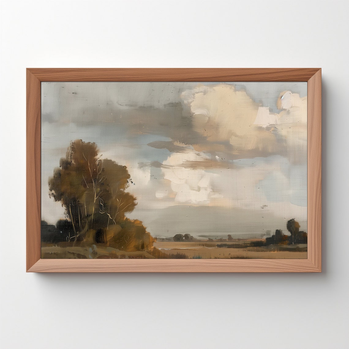 Rustic Autumn Field Landscape Painting Warm Tones Big Clouds Wall Art - Image 5