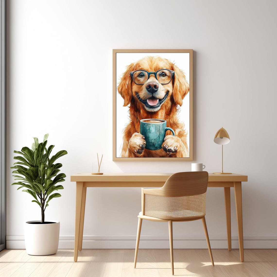 Golden Retriever Dog With Glasses Drinking Coffee Whimsical Wall Art - Image 3