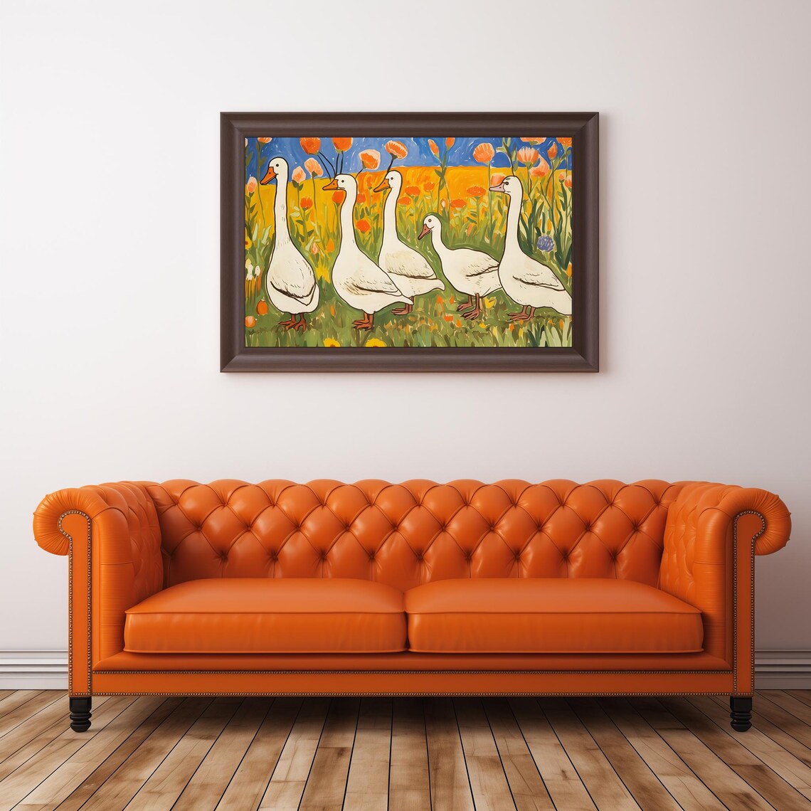 White Geese In Flower Meadow Folk Art Whimsical Farm Animal Poster - Image 2