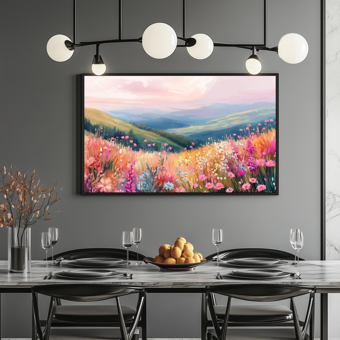 Pink Wildflower Meadow Mountain Valley Sunset Landscape Art Poster - Image 2
