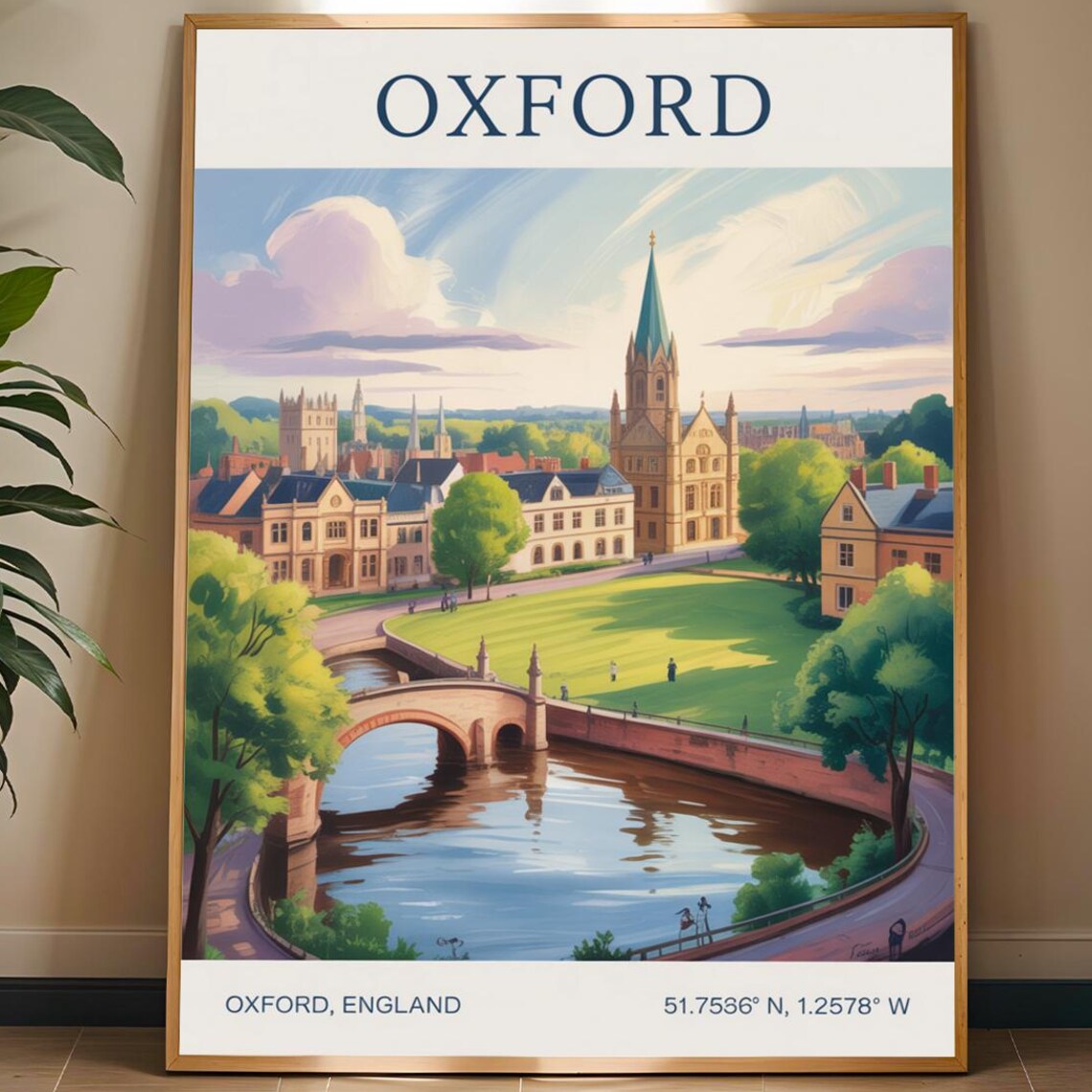 Oxford England River Bridge Spire Vintage Travel Poster Illustration