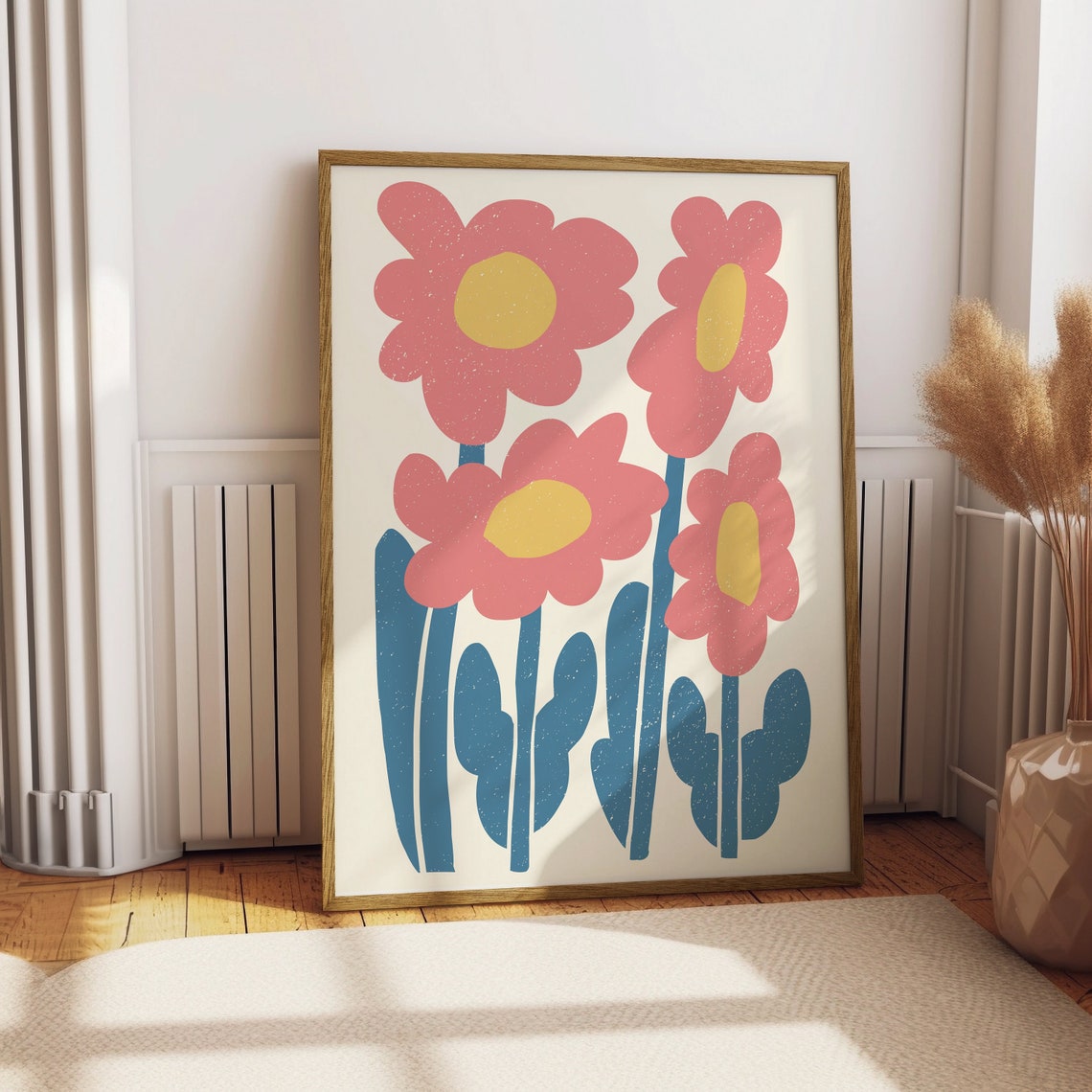 Coral Pink Flowers Abstract Artwork Modern Botanical Wall Decor Poster