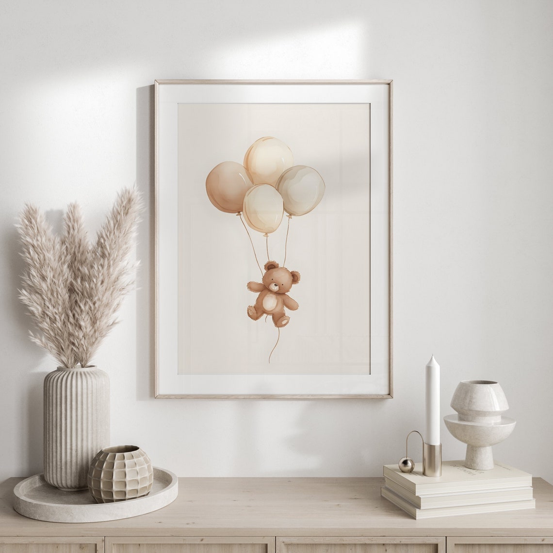 Teddy Bear Floating with Balloons Watercolor Baby Room Poster - Image 2