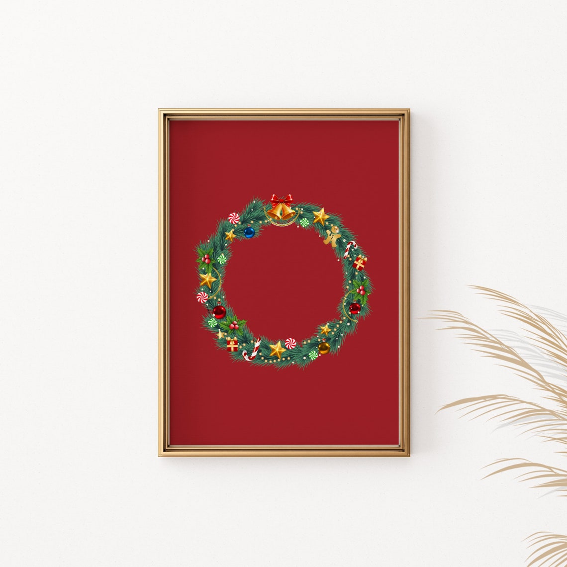 Christmas Wreath Ornaments Poster Festive Red Background Wall Decor