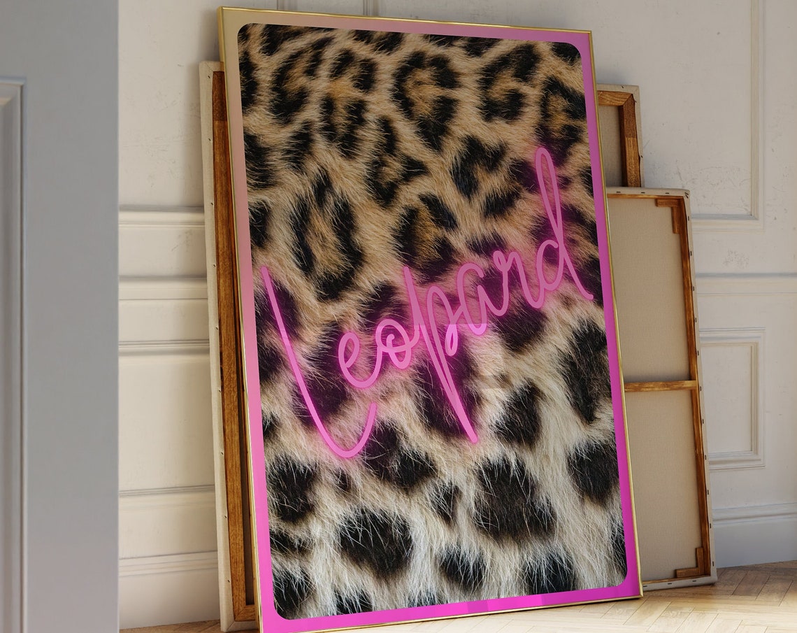 Leopard Pink Neon Script Fur Pattern French Glam Trendy Poster