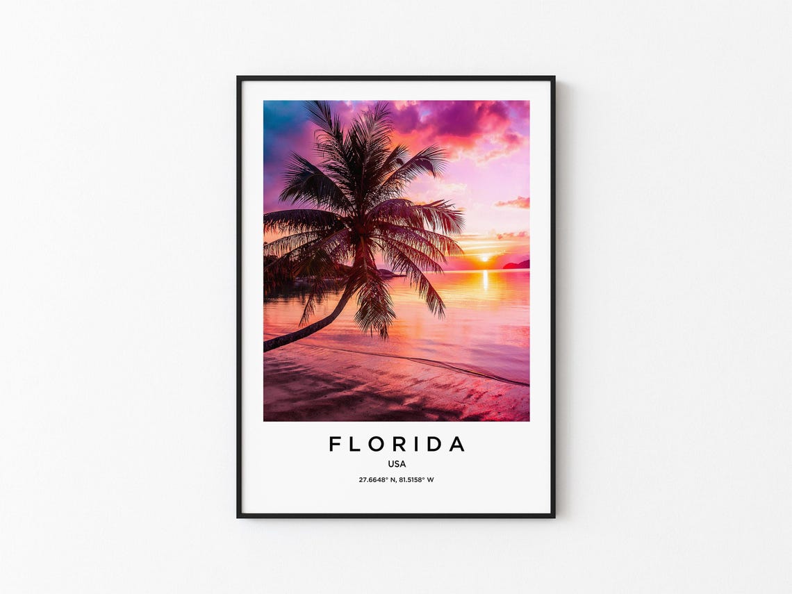 Florida Leaning Palm Tree Pink Sunset Ocean Waves Photo Poster
