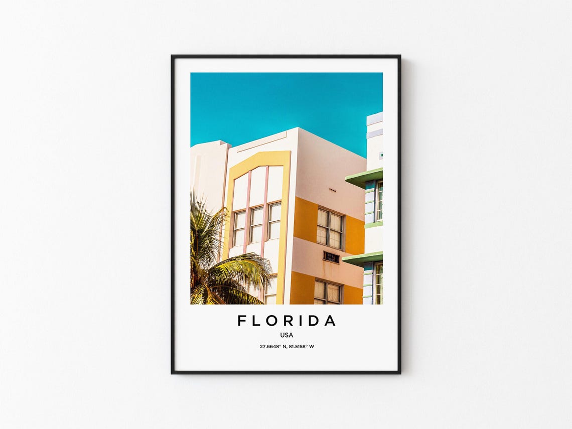 Florida Pastel Art Deco Building Vivid Teal Sky Travel Poster