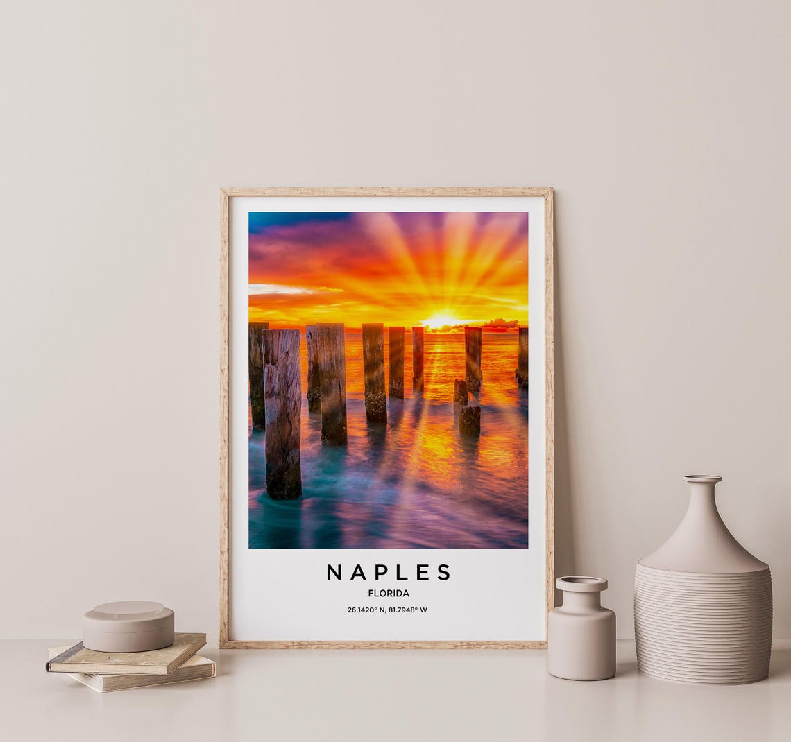 Naples Florida Dramatic Old Pier Pilings Sunset Over Ocean Poster - Image 2