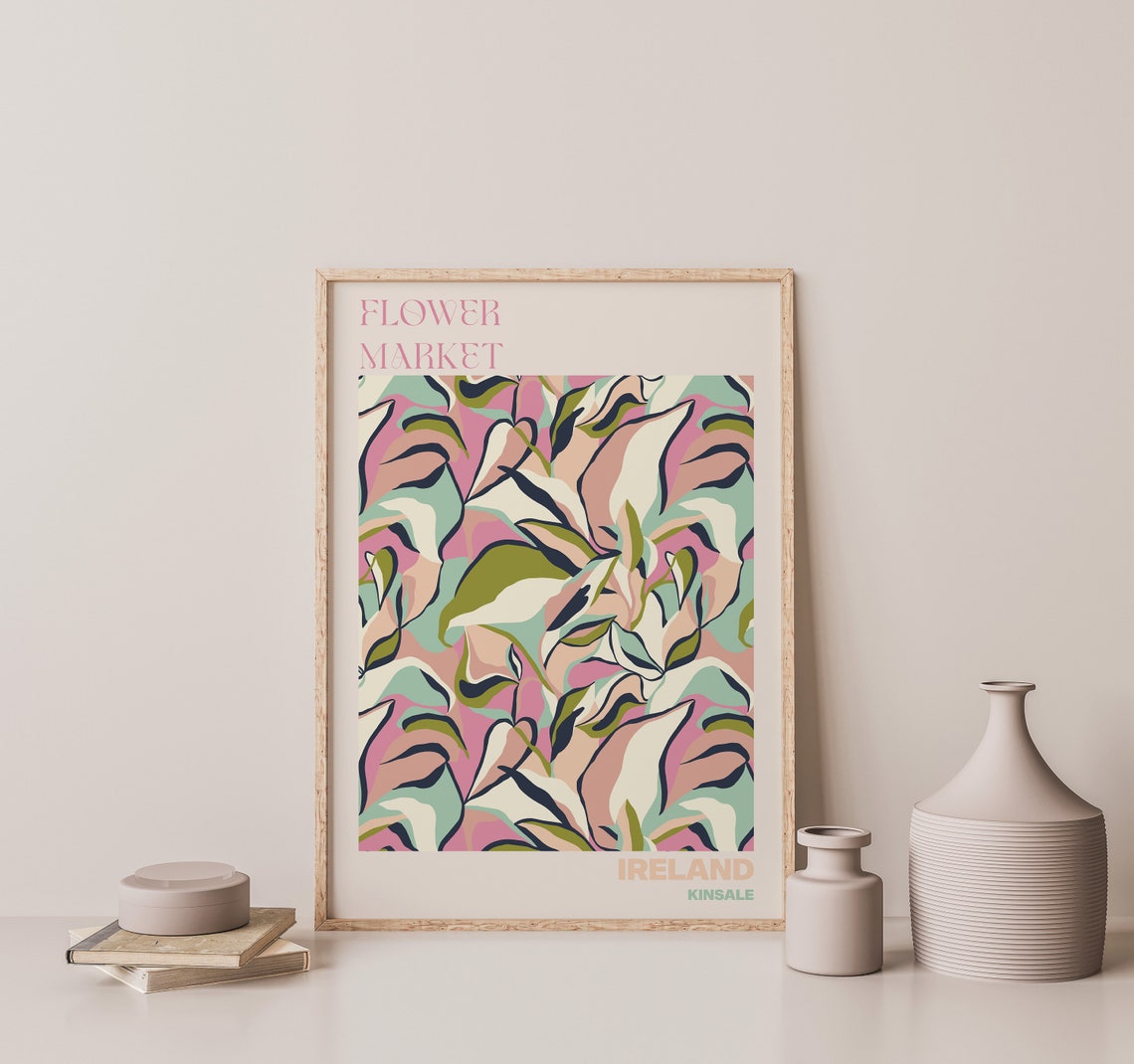 Ireland Kinsale Flower Market Abstract Pink Green Leaf Art Poster - Image 2