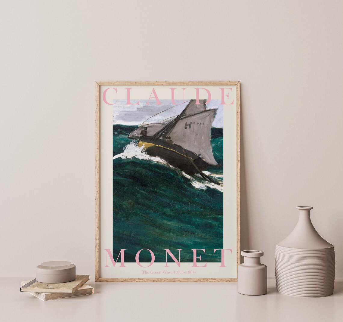 Claude Monet The Green Wave 1866 Sailboat On Emerald Ocean Poster - Image 3