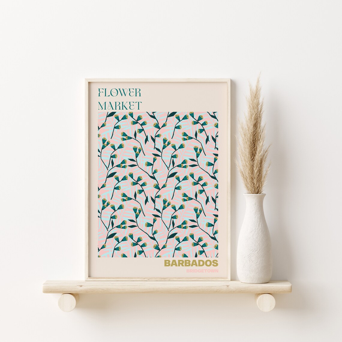 Barbados Bridgetown Tropical Pink Teal Leaf Flower Market Poster - Image 2