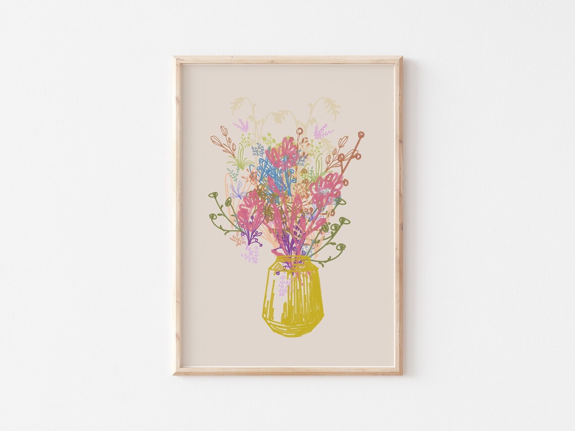 Vibrant Wildflower Bouquet Yellow Vase Beige Floral Art Poster - Image 3
