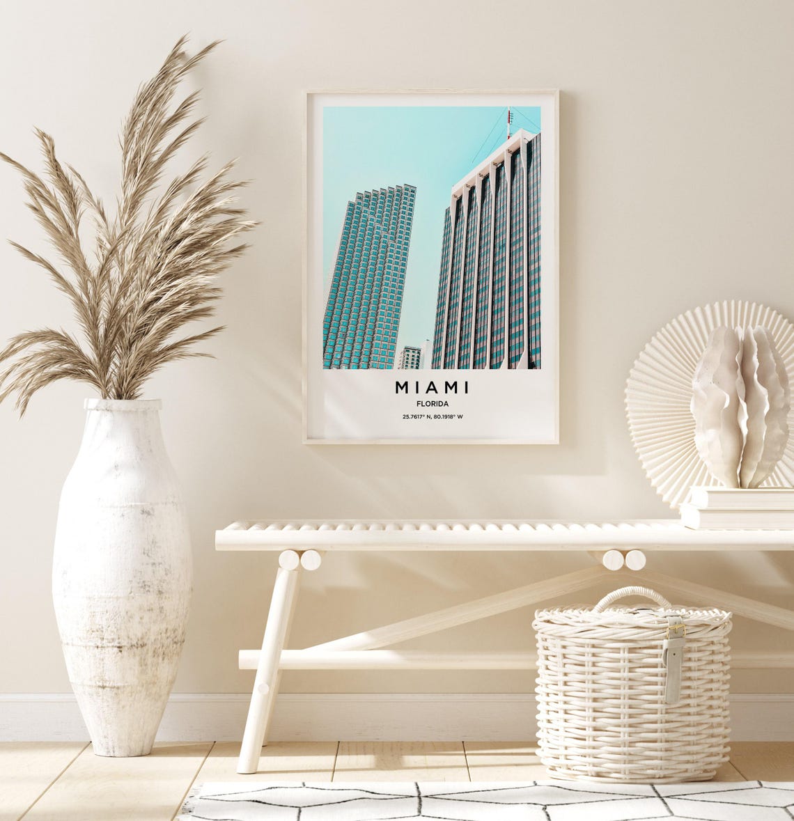 Miami Florida Downtown Skyscrapers Palm Trees Teal Sky Travel Poster - Image 3