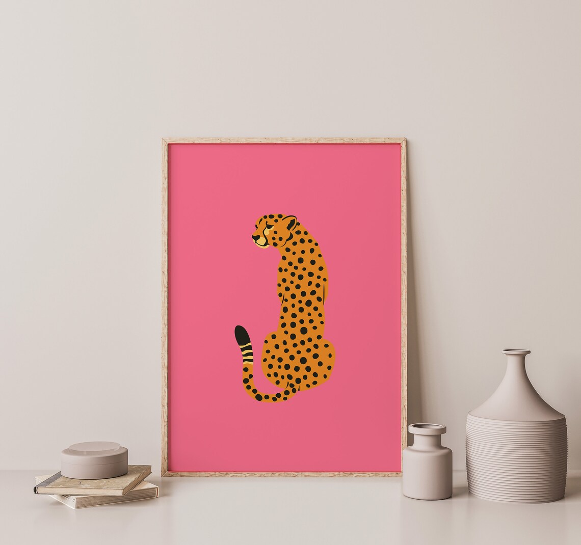 Sitting Cheetah Illustration On Pink Background Art Poster For Kids Room Decor - Image 2
