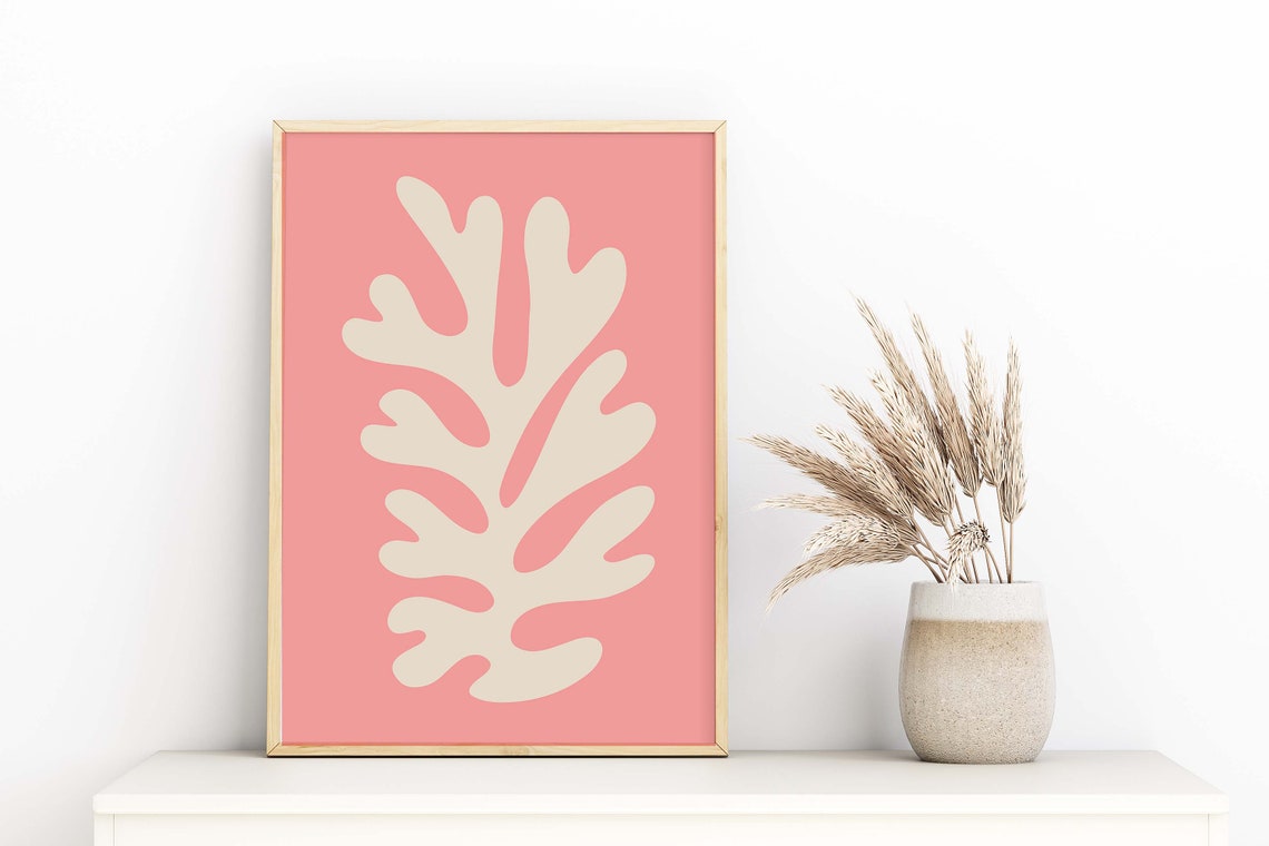 Coral Pink Palm Leaf Cut Out Minimalist Matisse Style Poster
