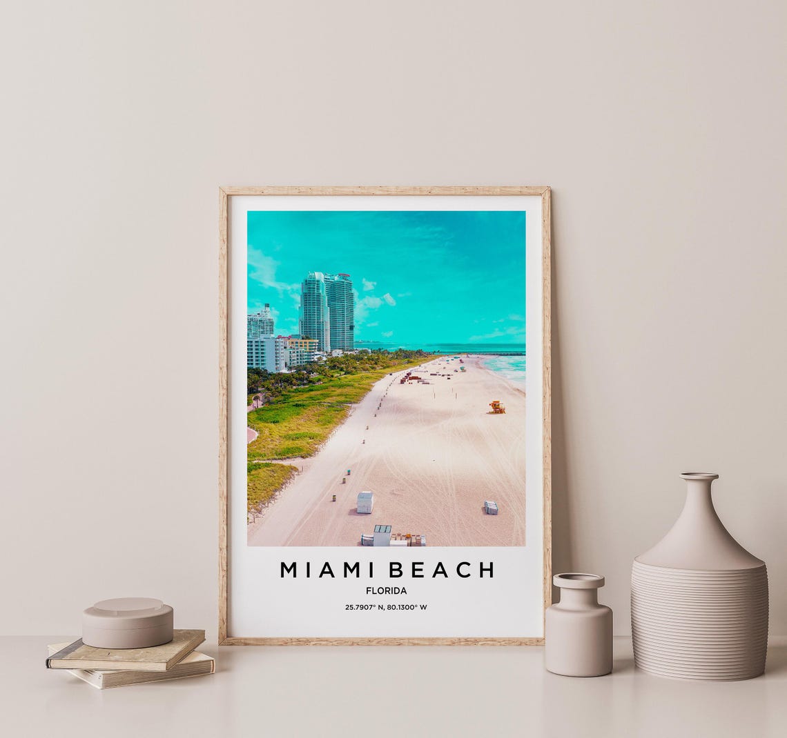 Miami Beach Florida Aerial Long White Sand Beach Travel Poster - Image 2