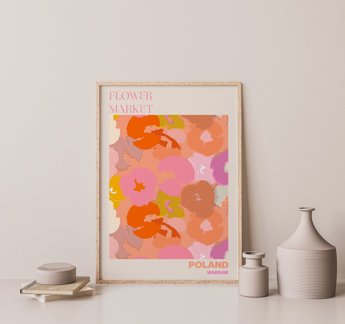 Poland Warsaw Playful Halftone Abstract Flower Market Art Poster - Image 3