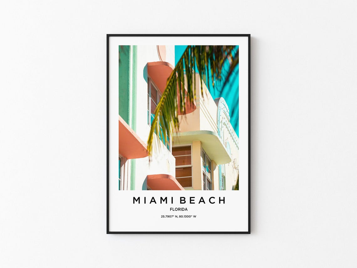 Miami Beach Pastel Art Deco Hotel Facade Palm Frond Photo Poster