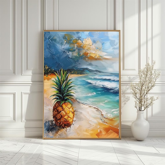 Tropical Pineapple On Sunny Beach Colorful Oil Painting Poster