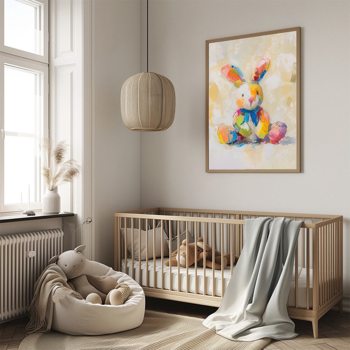 Cute Bunny Nursery Print Stuffed Bunny Toy Painting Wall Print Watercolor Rabbit Soft Colored Large Poster - Image 3