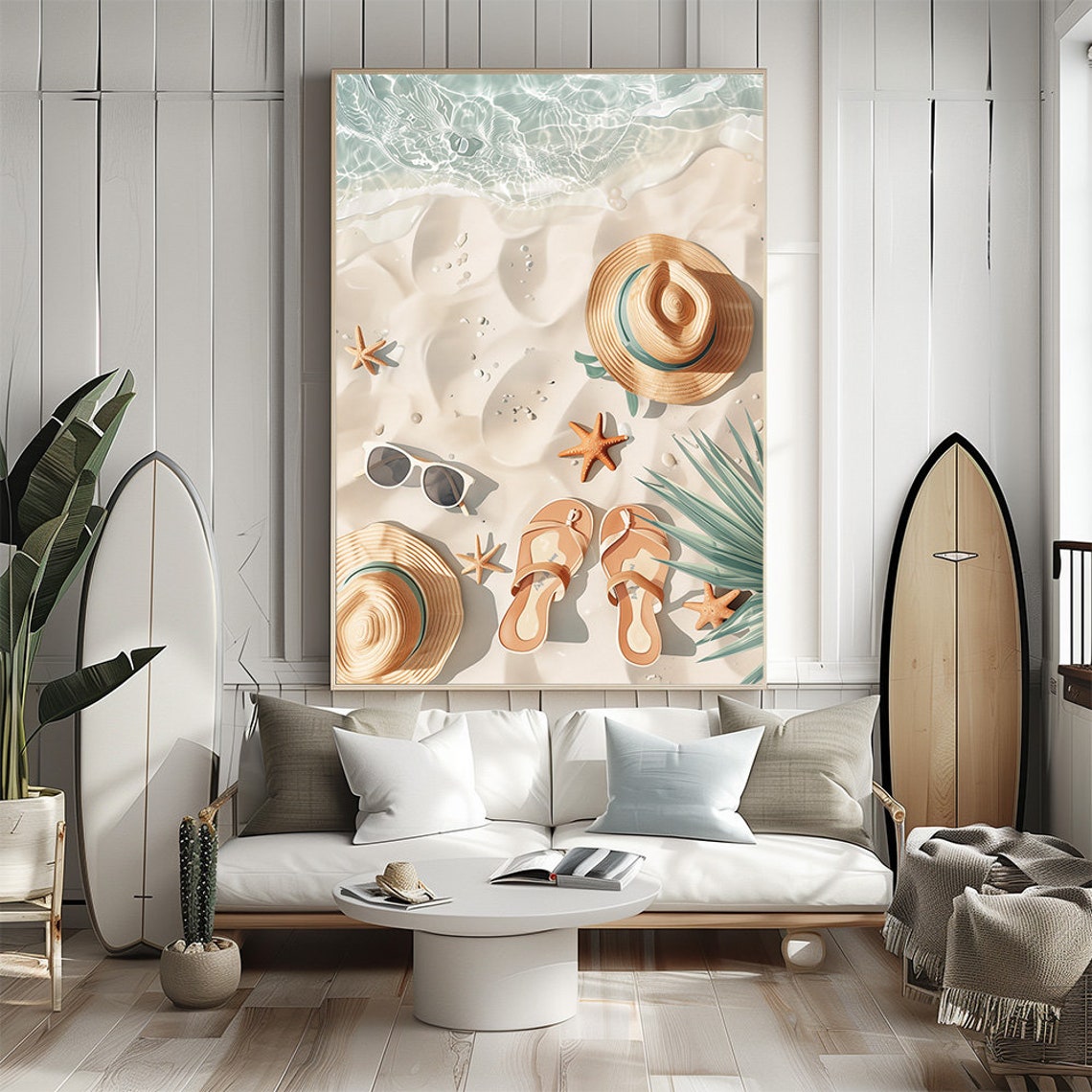 Beach Essentials Flat Lay Poster With Hat Sandals and Starfish - Image 3