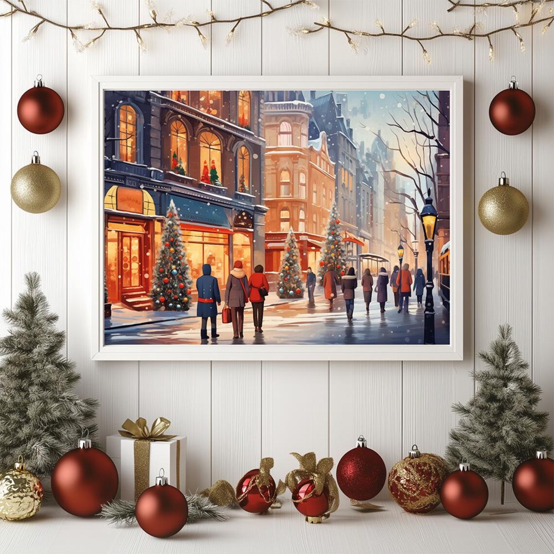 Christmas City Street Scene Poster Paris Snowy Winter Cozy Art Print Festive European Town Holiday Decorations