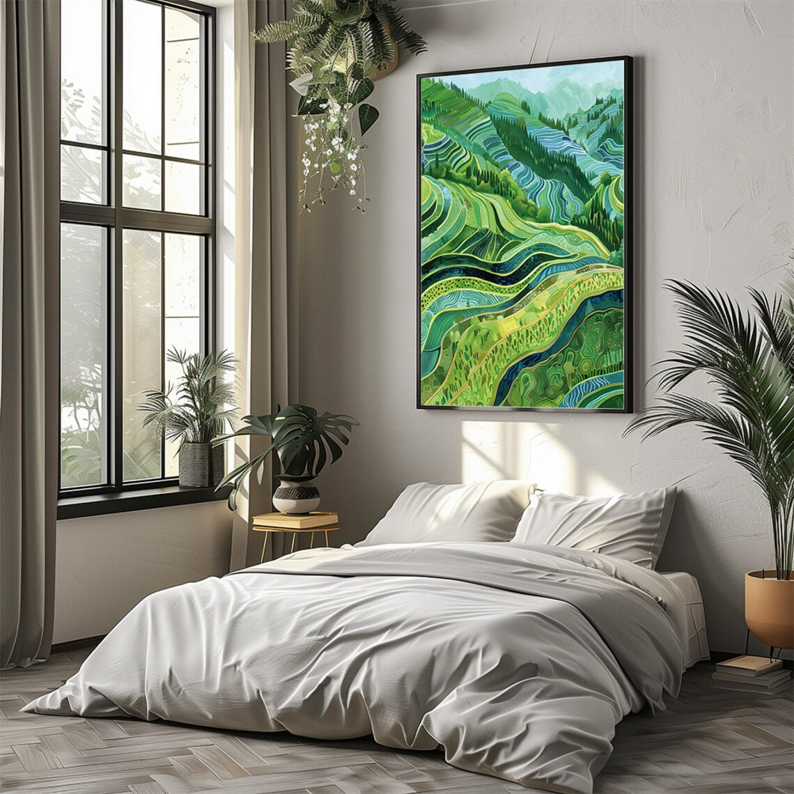Vibrant Green Rice Terraces Abstract Nature Landscape Art Print - Image 2