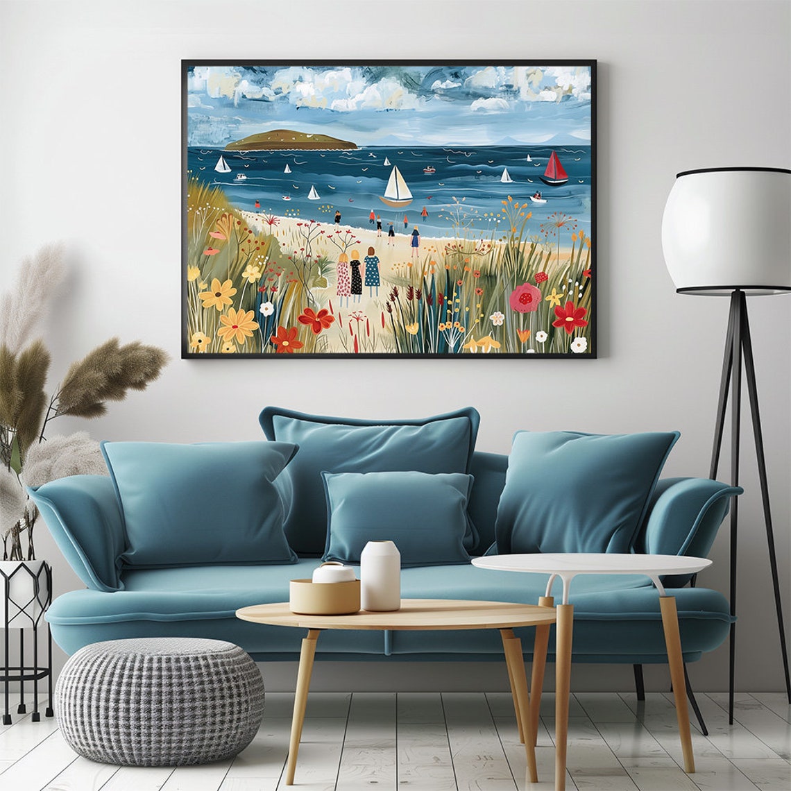 Naive Sailboats Bay Wildflower Coast Cheerful Folk Summer Poster - Image 3