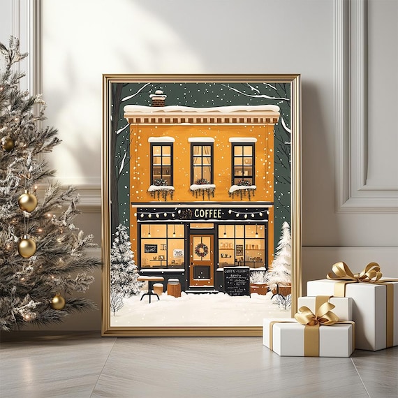 Winter Coffee Shop Illustration Poster, Modern Christmas