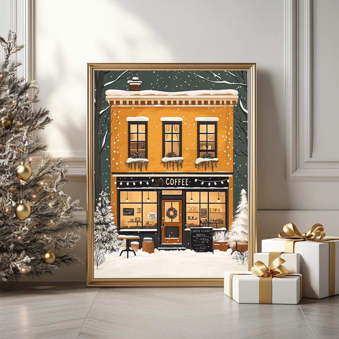 Winter Coffee Shop Illustration Poster, Modern Christmas
