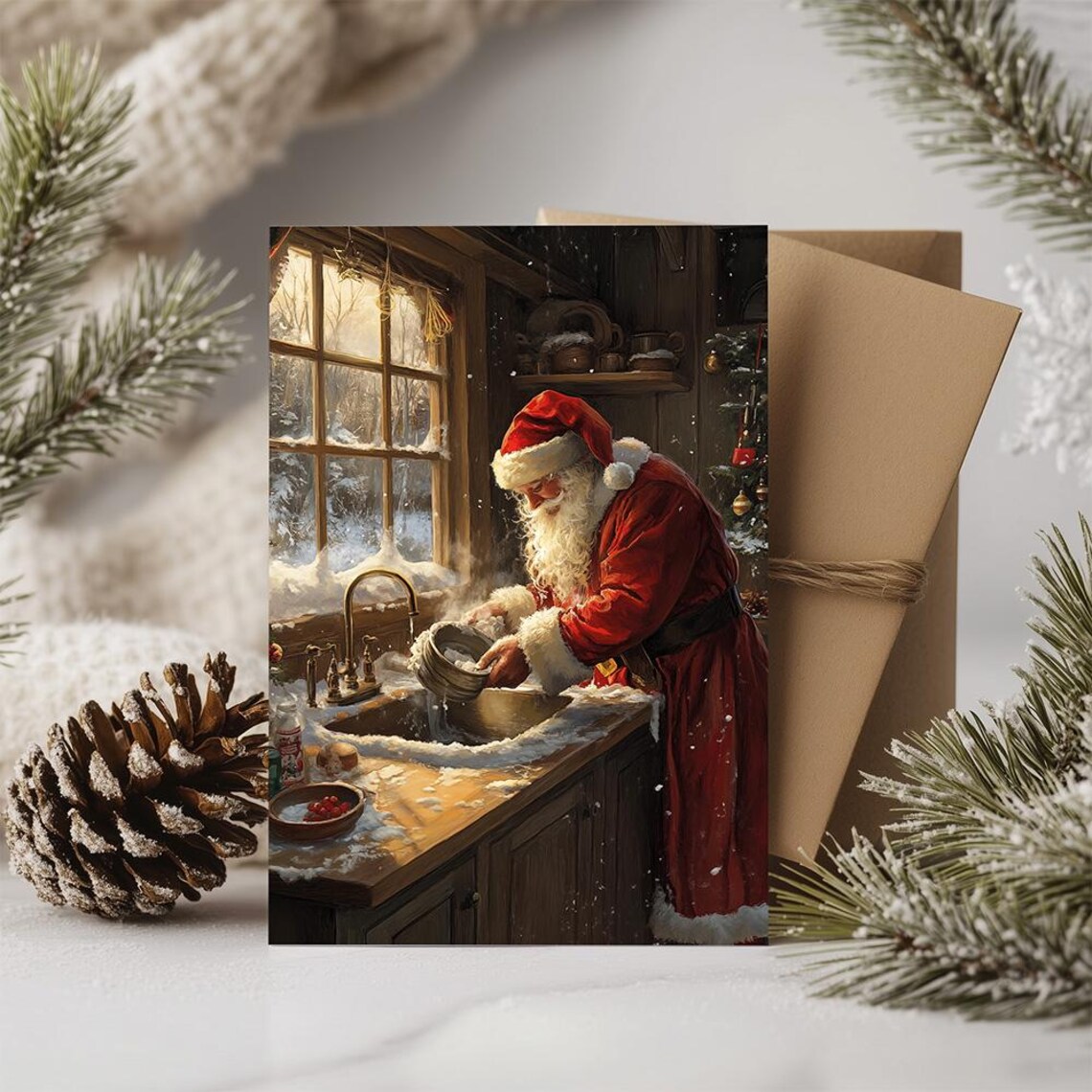 Vintage Santa Washing Dishes In A Rustic Snowy Kitchen Christmas Poster - Image 2