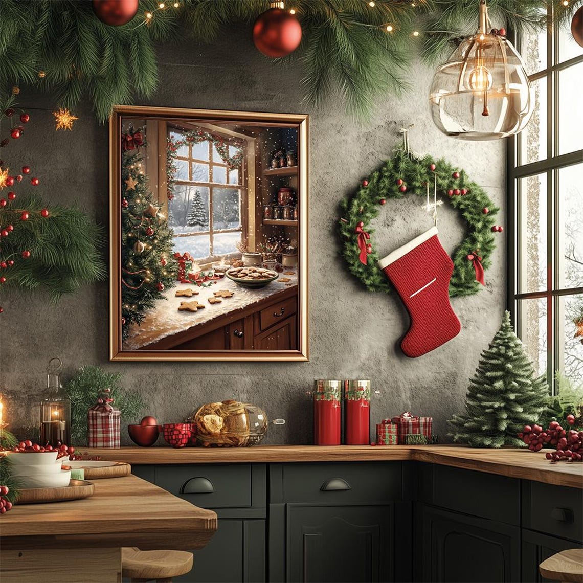 Cozy Christmas Baking Scene Rustic Kitchen Cookies Window Poster - Image 3