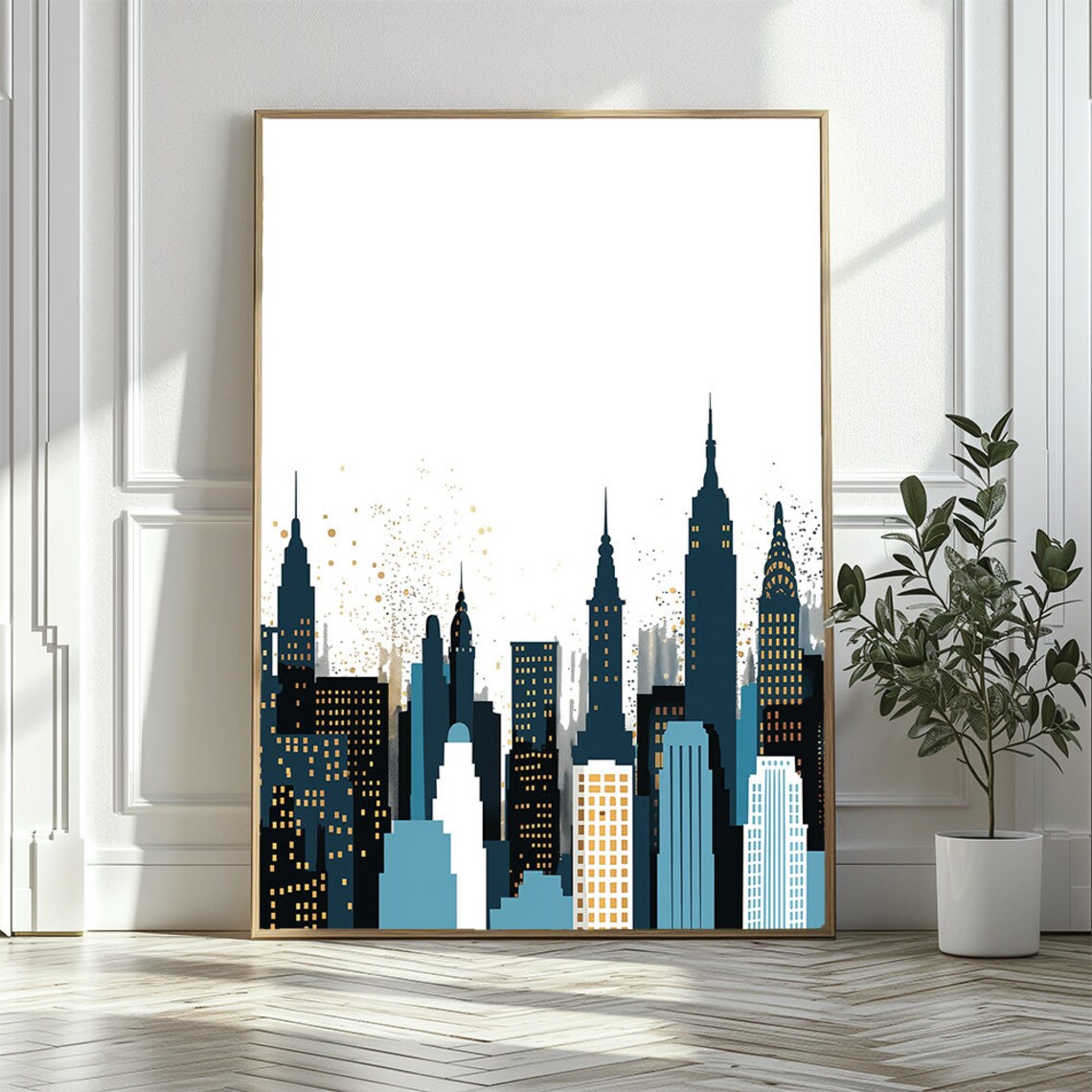 Minimalist New York City Skyline Navy Blue And Gold Art Poster - Image 3