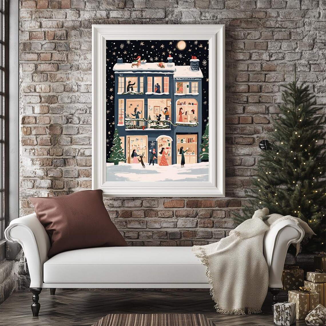 Snowy Winter Apartment Building Night Scene Moon Painting Poster - Image 2