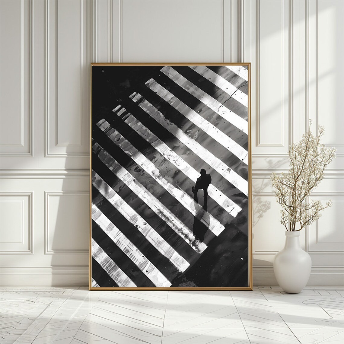 Black And White City Crosswalk Lone Walker Photography Poster