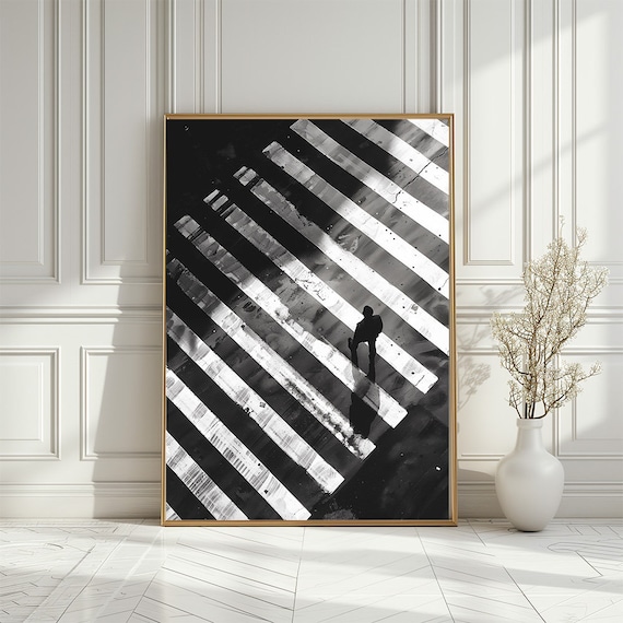 Black And White City Crosswalk Lone Walker Photography Poster