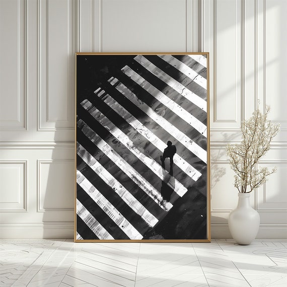 Black And White Man Walking In City Streets Poster Monochrome Crosswalk Silhouette Art Chic Urban Photography Wall Print