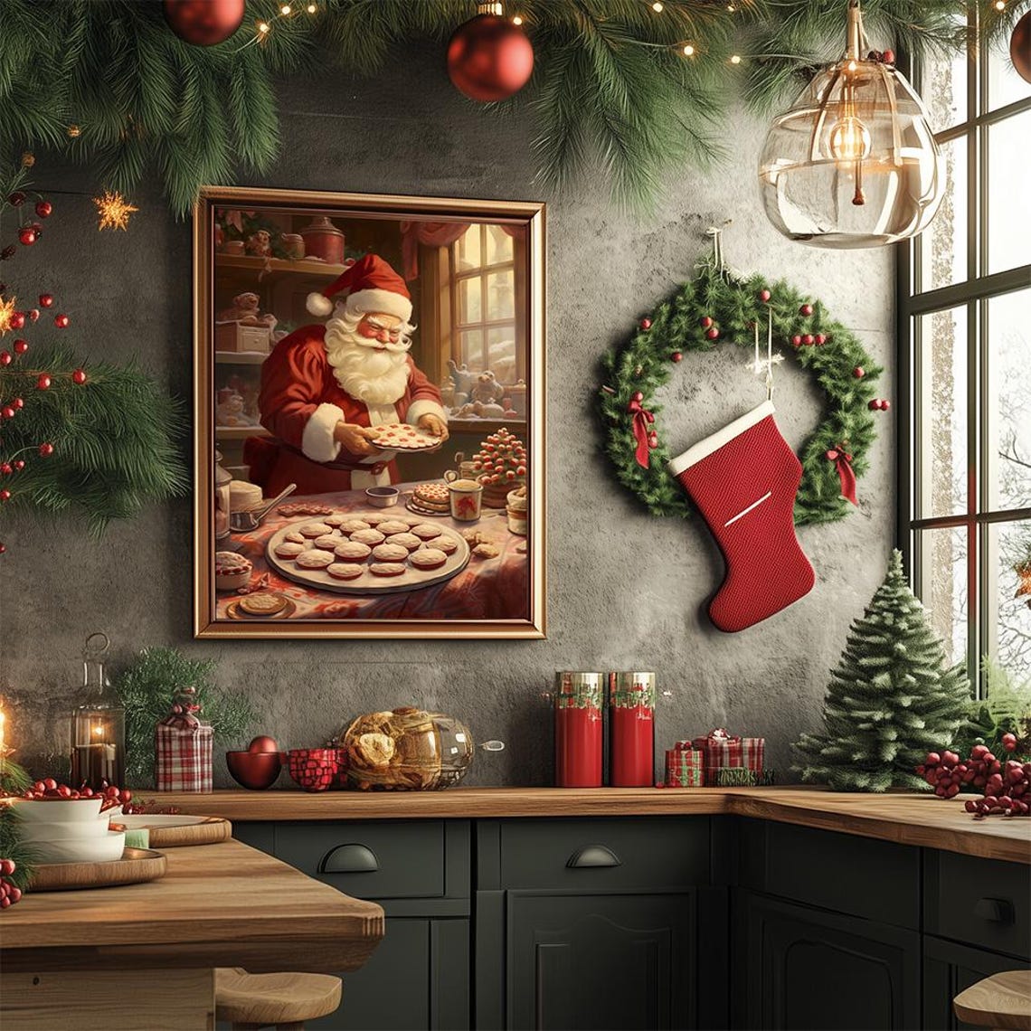 Santa Claus Baking Christmas Cookies Cozy Cottage Kitchen Poster - Image 3
