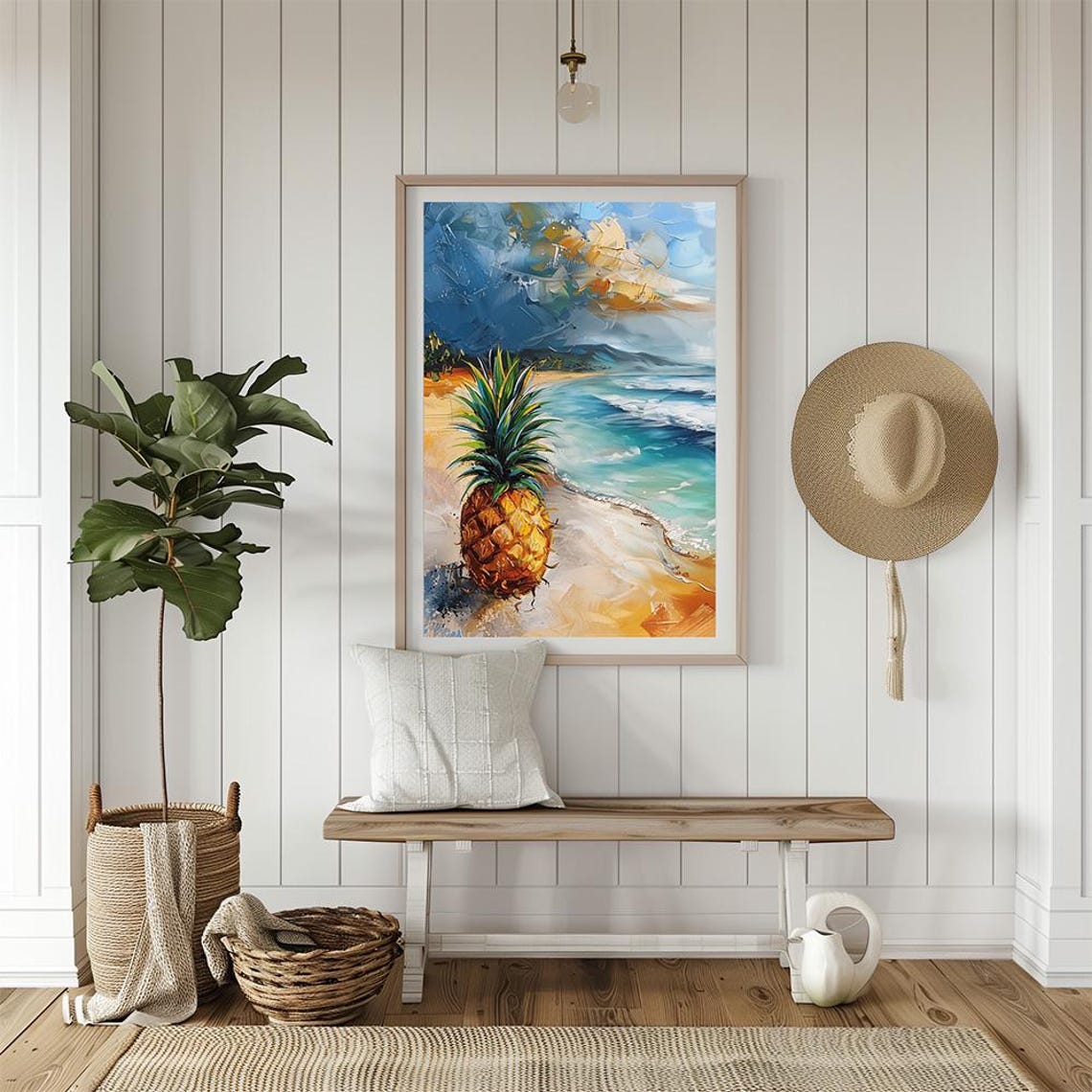 Tropical Pineapple On Sunny Beach Colorful Oil Painting Poster - Image 2