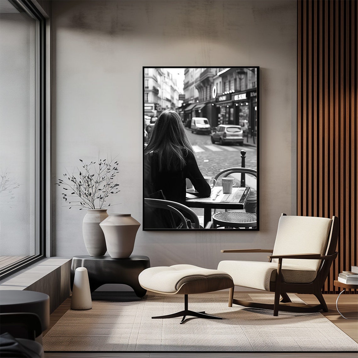 Black And White City Photography Poster For Unique Home Decor Woman In Street Cafe In Paris Wall Print Daily Urban Life