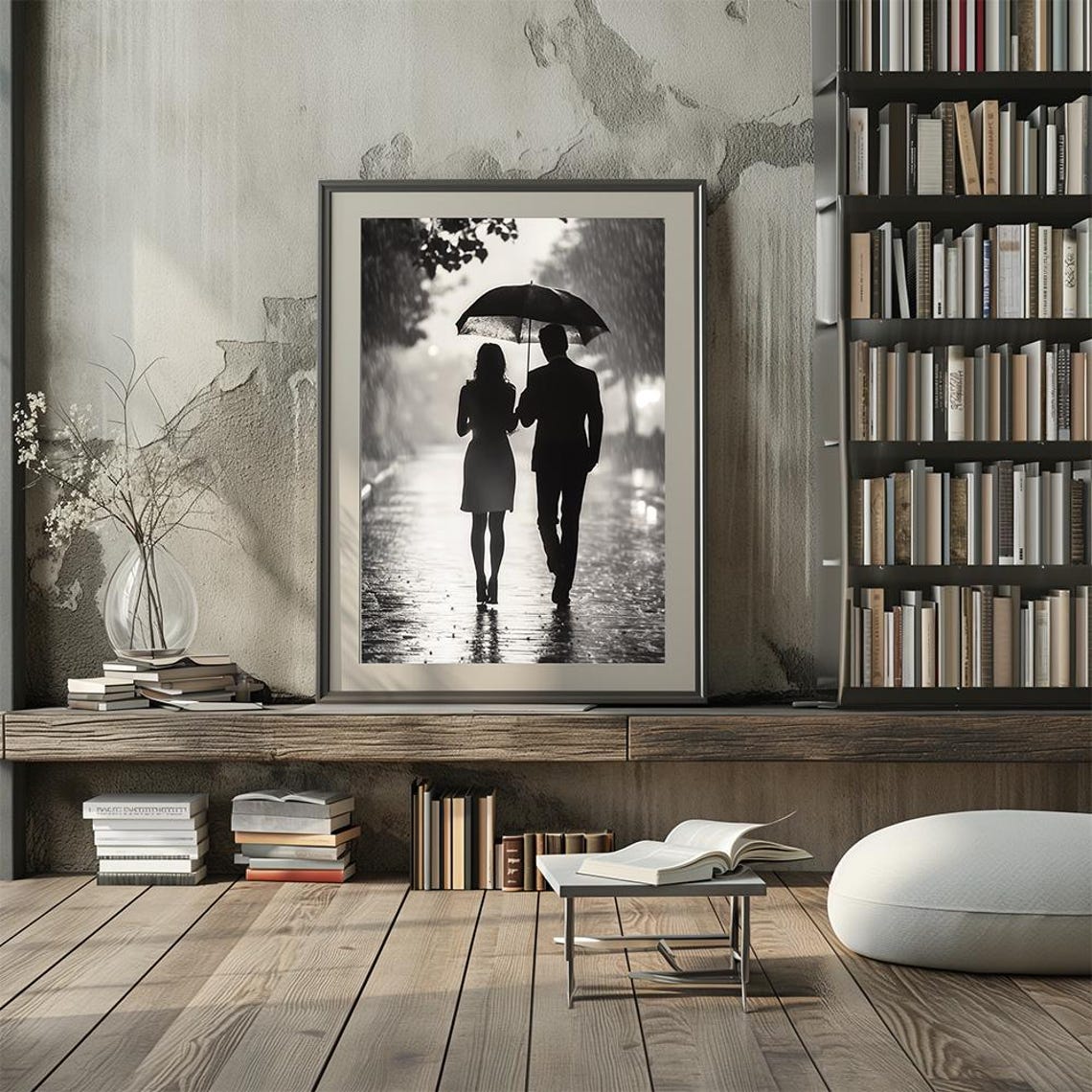 Rainy Night Couple Under Umbrella Monochrome Romantic Poster - Image 3