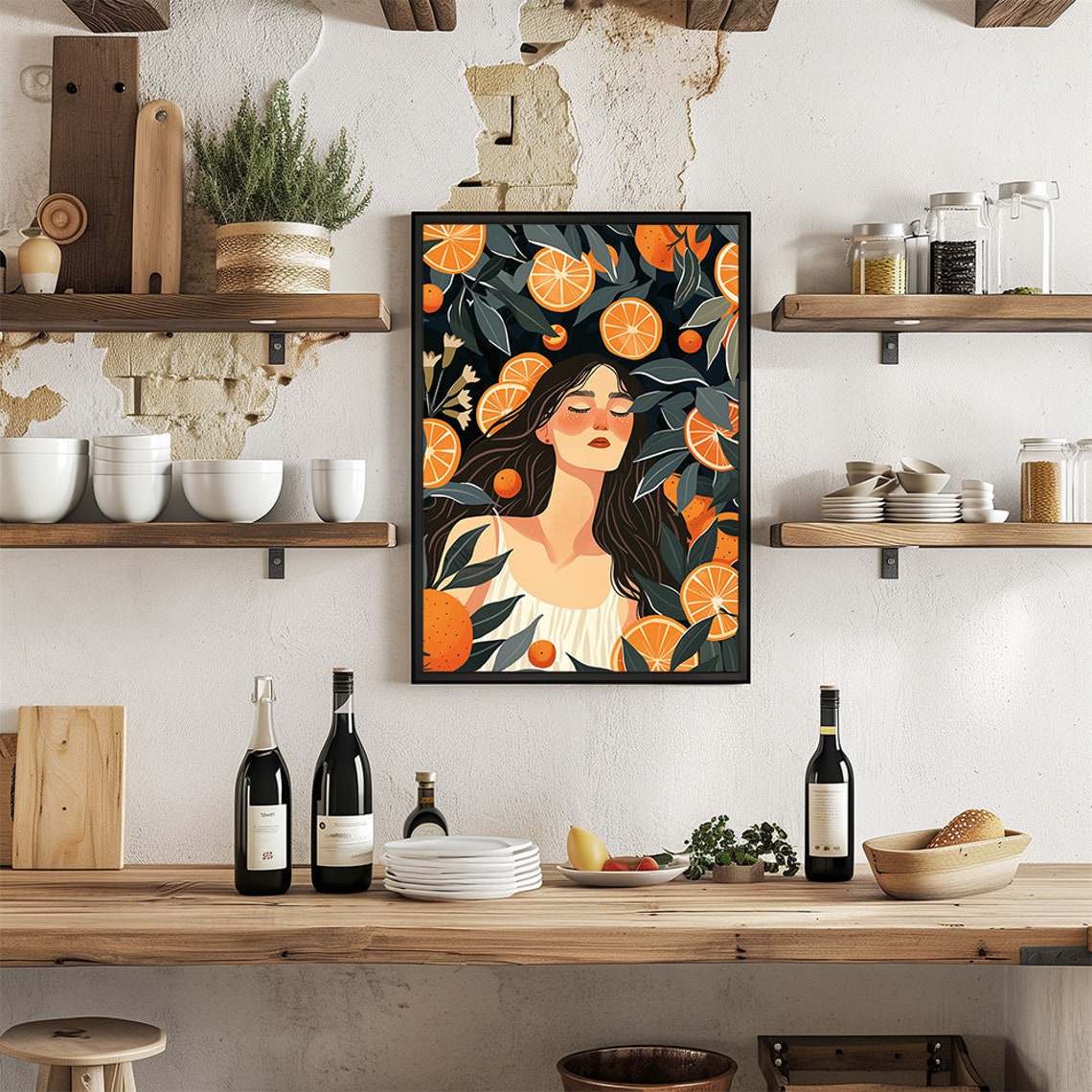 Woman With Orange Slices Botanical Kitchen Illustration Art Print - Image 3