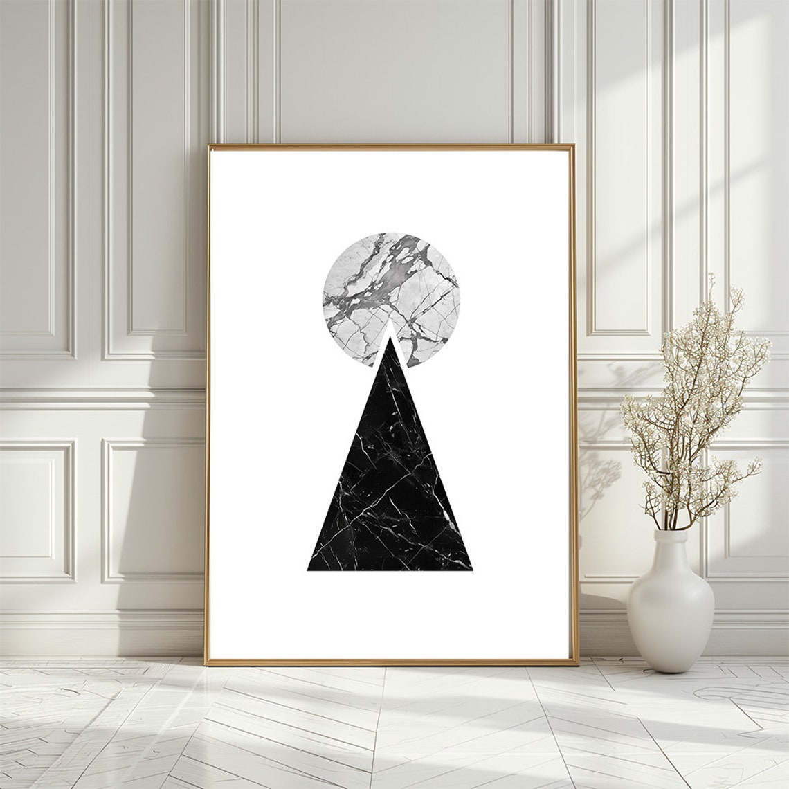 Modern Marble Geometric Art Black Triangle White Circle Minimal Poster