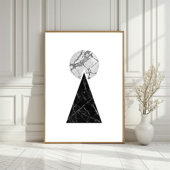 Modern Marble Geometric Art Print Black Triangle And White Circle Poster Minimalist Monochromatic Stone Office