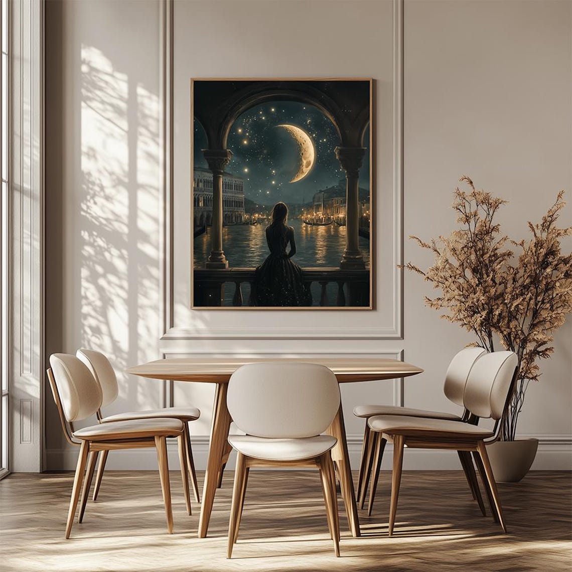 Woman Watching Crescent Moon Over Moonlit Venice Canal Night Print - Image 2