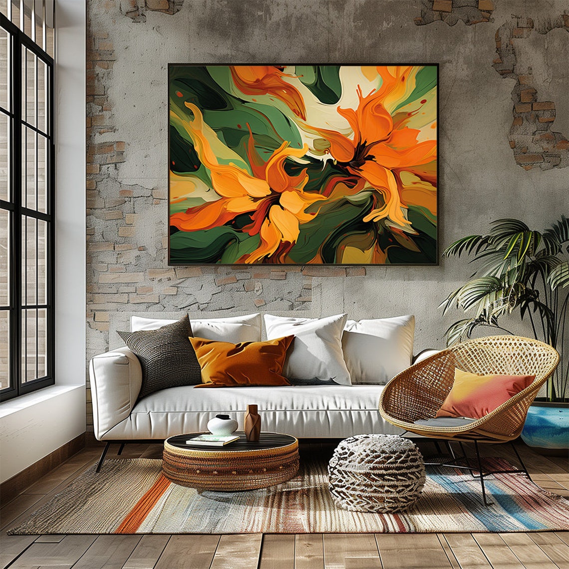 Bold Orange Green Modern Floral Blossoms Botanical Art Print - Image 3