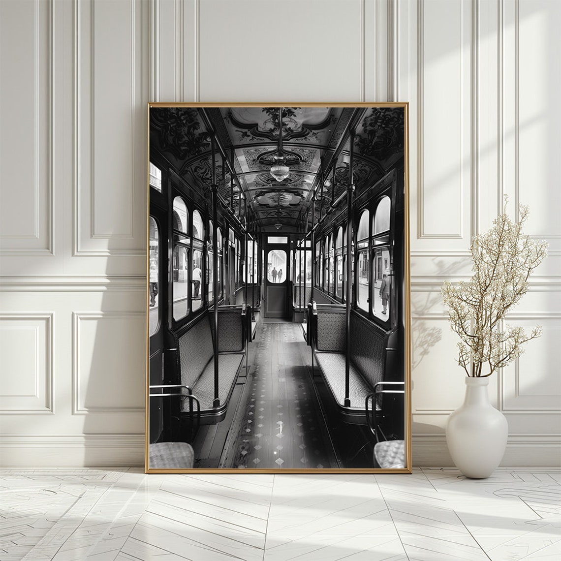 Vintage Tram Interior Black And White Photography Art Poster